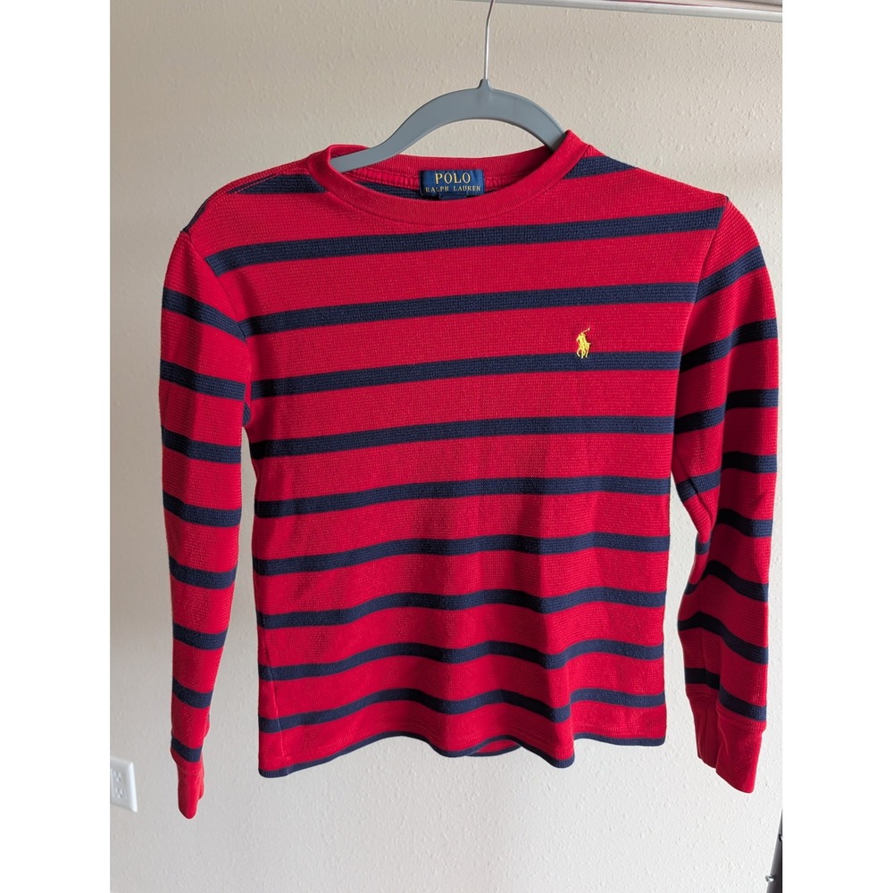 Polo Ralph Lauren Kids Red Navy Blue Striped Waffle Knit Thermal Shirt M 10-12